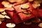 A traditional Chinese hongbao envelope with auspicious coins against a vibrant red background