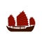 Traditional Chinese junk boat with red sails. Old wooden sailing ship. Asian marine vessel. Symbol of Hong Kong. Flat