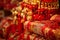 Traditional Chinese new year decorations on red background that says good luck and happiness