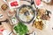 Traditional Chinese steamboat or hotpot with delicious food spread