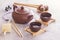 Traditional Chinese tea cups, ceramic teapot and tea ceremony attributes