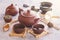 Traditional Chinese tea cups, ceramic teapot and tea ceremony attributes