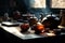 Traditional Chinese tea setup, including a teapot, teacups, and a tray with tea leaves and utensils, representing the beauty and