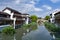 Traditional Chinese teahouses and buildings along the riverbank of the Puhui River in Qibao Ancient Town in Shanghai, China