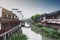 Traditional Chinese teahouses and buildings along the riverbank of the Puhui River in Qibao Ancient Town in Shanghai, China