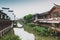 Traditional Chinese teahouses and buildings along the riverbank of the Puhui River in Qibao Ancient Town in Shanghai, China