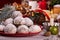 Traditional Christmas almond chocolate snowballs cookies biscuits covered icing sugar powder. Russian Tea Cakes, Mexican Wedding