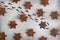 Traditional christmas background with gingerbread stars, dwarf stolen gingerbread, creative idea for christmas background
