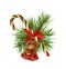 Traditional Christmas cane with pine twigs, decorative bell and red silk ribbon bow