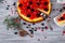 Traditional christmas cheese cake on table on New Year background