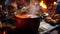 traditional Christmas drink, mulled wine, being prepared in a large pot over an open fire, capturing the cozy and festive