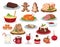 Traditional Christmas Eve Treat with Roasted Chicken, Gingerbread Cookie, Pudding and Warm Spiced Drink Vector Set
