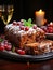 Traditional Christmas fruit cake decorated with cranberries, mint leaves and powdered sugar