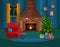 Traditional Christmas interior of room with gifts, tree, window and decorated fireplace.