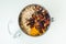 Traditional Christmas Stollen pie ingredients in the metal blender bowl. Flat lay. Making German Christmas bread. White background