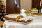 Traditional Christmas table with cake, fruits and canapes