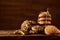 Traditional Christmas tea concept with dried oranges, cookies and decorations on a wooden table, selective focus