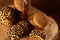 Traditional Christmas tea concept with dried oranges, cookies and decorations on a wooden table, selective focus