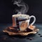 Traditional classic black Turkish coffee in a decorative mug on a saucer on a dark background
