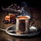 Traditional classic black Turkish coffee in a decorative mug on a saucer on a dark background