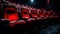 Traditional classically regal ornate rounded wood armed formal plush deep red velvet opera movie theater chairs in