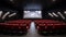 Traditional classically regal ornate rounded wood armed formal plush deep red velvet opera movie theater chairs in