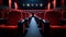 Traditional classically regal ornate rounded wood armed formal plush deep red velvet opera movie theater chairs in