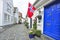 Traditional cobblestone street with wooden houses in the old town of Stavanger, Norway