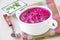 Traditional cold Lithuanian summery soup made of beets, cucumber