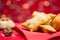 Traditional Colombian christmas dishes on red background