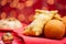 Traditional Colombian christmas dishes on red background