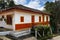 Traditional colonial house, painted in bright colors, in the town of Salento, in Colombia