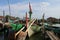 Traditional colorful fishing boat rests