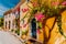 Traditional colorful greek houses in Assos village. Blooming fuchsia plant flowers growing around door. Warm sunlight. Kefalonia