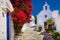 Traditional colorful mediterranean street with flowers and church, Cyclades, Greece