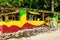 Traditional colorful outdoor vendor bamboo/wood cook shop on Winnifred Beach, Portland, Jamaica