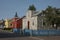 Traditional colourful houses covered in stone tiles or corrugated iron in the old part of Akureyri, Iceland