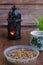 Traditional cookies in Malaysia during Hari Raya Festival known as Kuih Kole Kacang with lantern and tea