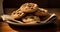 Traditional cookies with pieces of chocolate in a plate on a close background, dessert, Generated AI