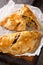 Traditional Cornish pasty filled with beef meat, potato and vegetables closeup on the paper. Vertical