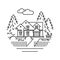 Traditional cottage icon design. Round line art illustration with house, trees, and plot around