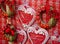 Traditional Croatian honey bread cookies in heart shape, red licitars on the street market