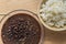 Traditional Cuban cuisine, black beans and rice in two clay bowls