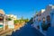 Traditional Cycladic architecture Kamari village Santorini street view Greece