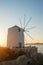 Traditional cycladic windmill at sunset on Paros island, Cyclades