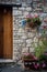 Traditional Cypriot house r with wooden door and  foliage for decoration