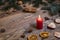 Traditional Czech Christmas on wood decoration with twig, candle, apple, orange, fruit