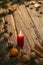 Traditional Czech Christmas on wood decoration with twig, candle, apple, orange, fruit