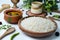 Traditional Daal Chawal with Spices and Sides on white background.