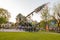 Traditional decorated maypole is being erected during folk festival in austrian alpine village St.Gilgen on Wolfgangsee.